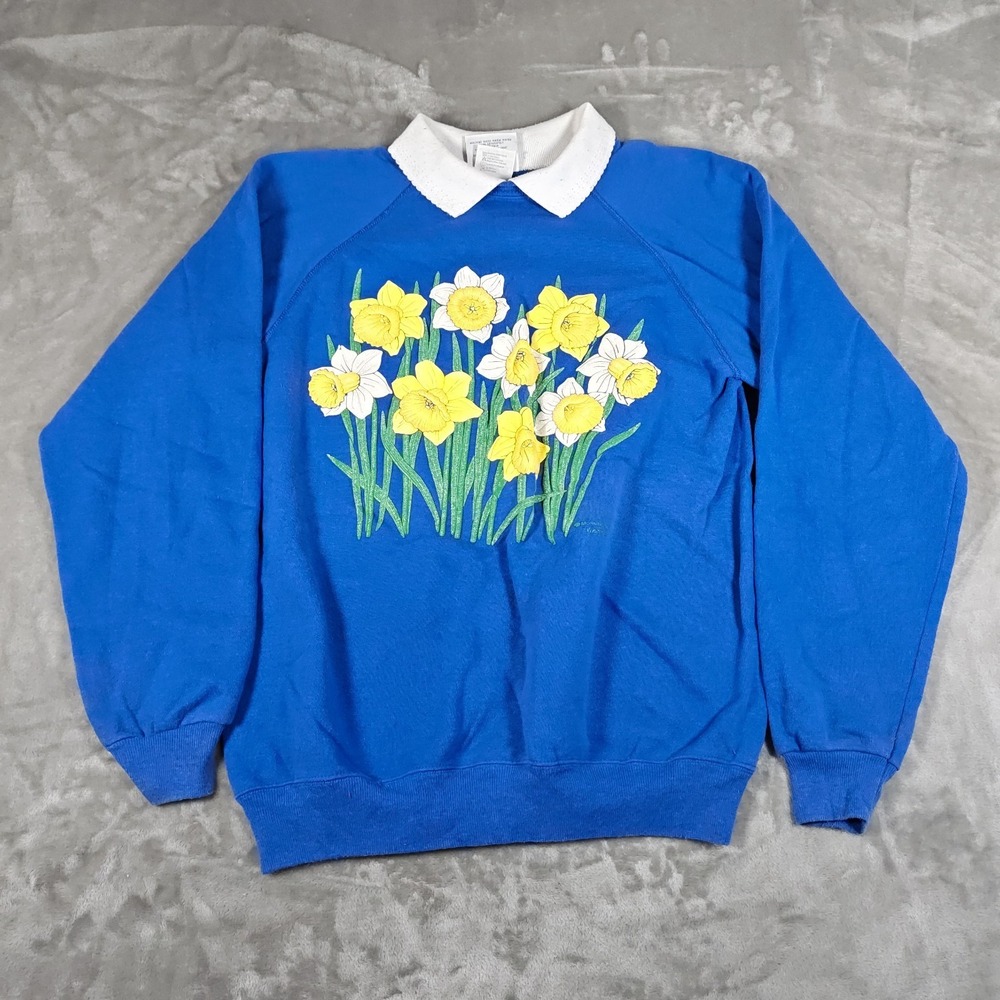 Vintage daffodil Sweatshirt Womens‎ Large Collared 90s Pullover Flowers Floral